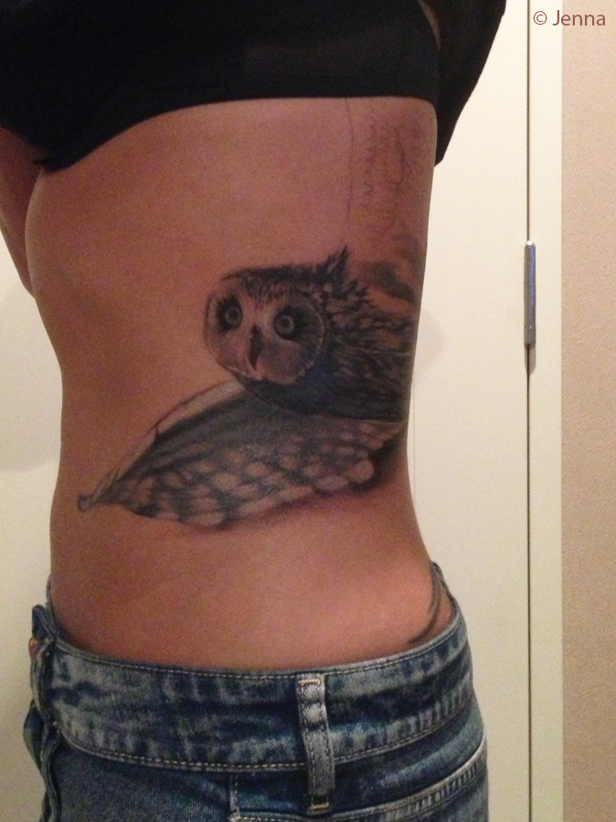 short eared owl tattoo, copyright jenna